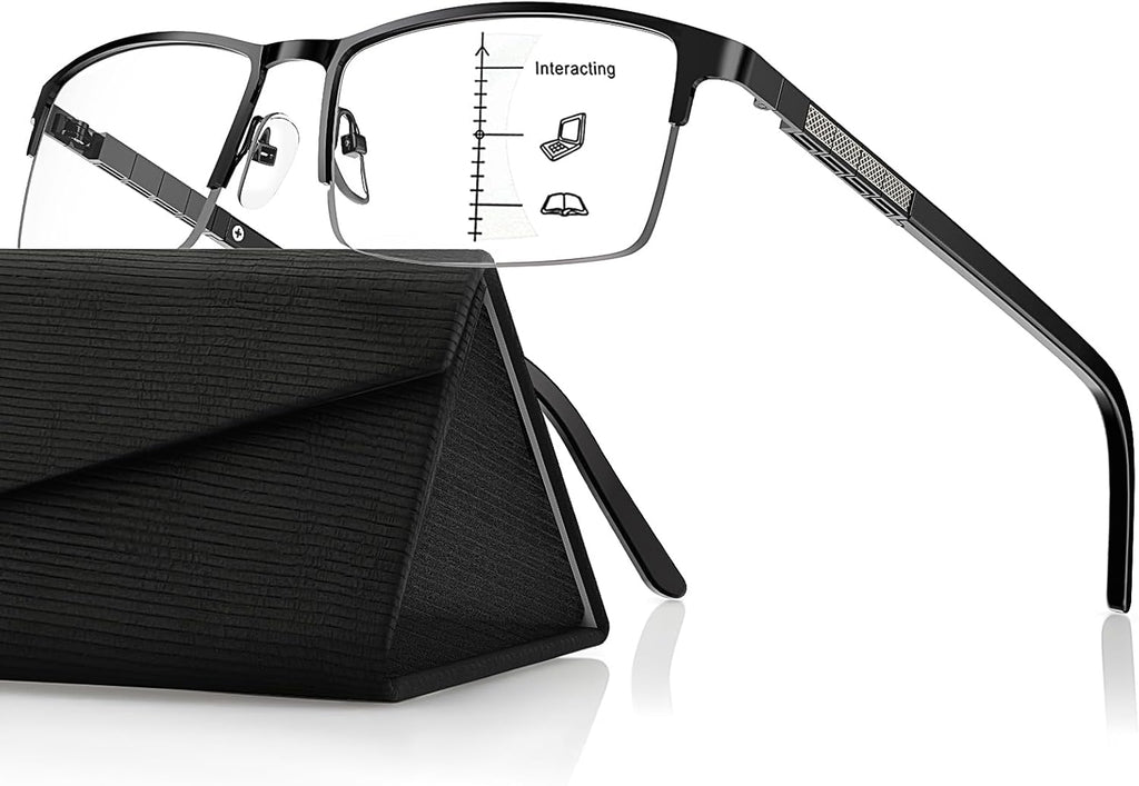 SKYFUEN Refined Progressive Reading Glasses Men Multifocus Metal Half Frame, Blue Light Blocking Computer Readers, Modern Rectangular Frame with Flexible Arms with Hard Case, Black +2.50