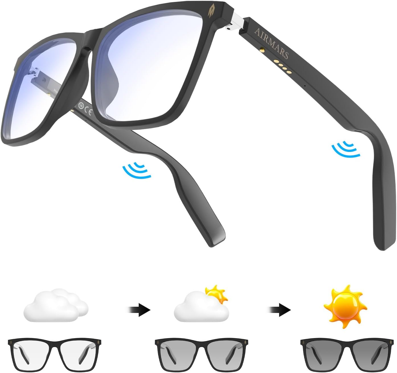 𝐒𝐦𝐚𝐫𝐭 𝐆𝐥𝐚𝐬𝐬𝐞𝐬 with Voice Assistant, Built-in Speaker and Microphone, Photochromic Blue Light Filtering Lenses, UV Protection Polarized Bluetooth Sunglasses for Men and Women (Photochromic)