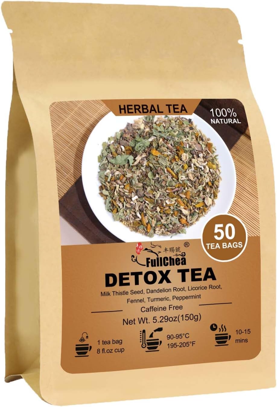 FullChea - Detox Tea Bags, 50 Teabags Liver Detox Tea, With Milk Thistle Seed, Dandelion Root, Licorice Root, Fennel, Turmeric, Peppermint - Liver Cleansing and Support