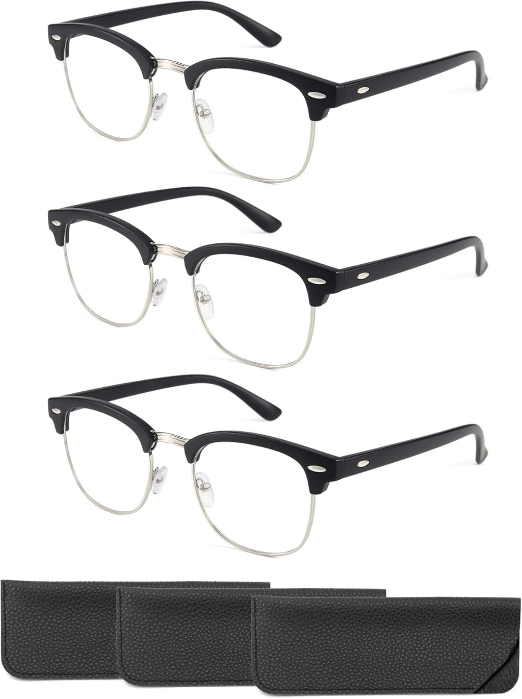 CCVOO 3 Pack Reading Glasses Blue Light Blocking, Retro Semi Rimless Readers for Men Women, Round Eyewear Filter UV400