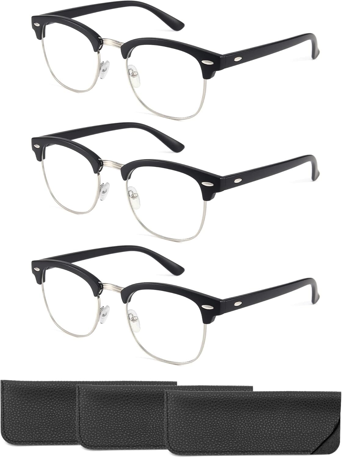 CCVOO 3 Pack Reading Glasses Blue Light Blocking, Retro Semi Rimless Readers for Men Women, Round Eyewear Filter UV400