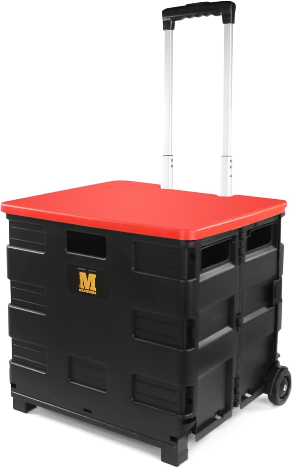 MaxWorks 50919 Portable Rolling Folding Dolly – Black Collapsible Utility Cart with Durable Wheels, Extra Storage & Easy-Fold Design for Shopping, Teaching, and Office Use