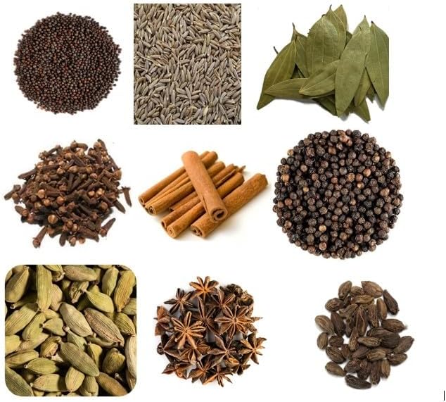 Premium Indian Spice Collection, 9 Essential Cooking Spices Set with Cumin, Mustard Seeds, Bay Leaves, Cloves, Cinnamon, Black Pepper, Green Cardamom, Star Anise, Black Cardamom, 950g Total