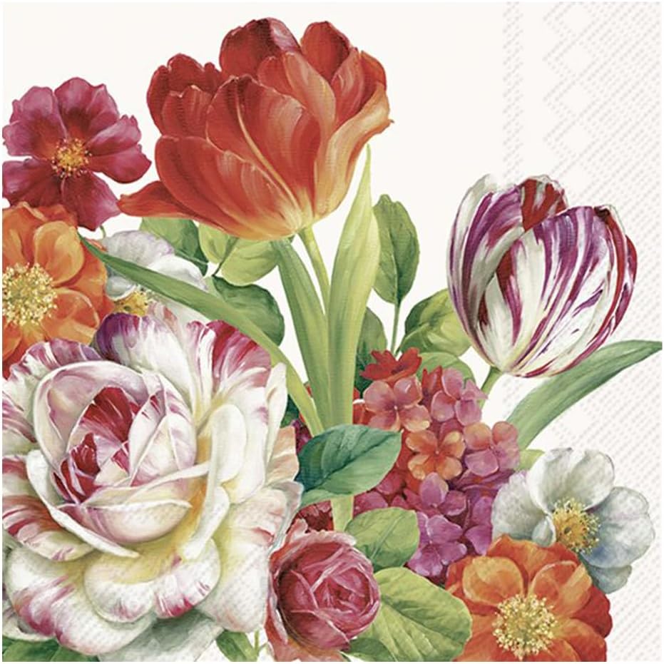 IHR Ideal Home Range Party Napkins Disposable 3-Ply Paper Lunch Napkin Pack, 6.5" x 6.5", Blooming In Spring (Cream), 20-Count