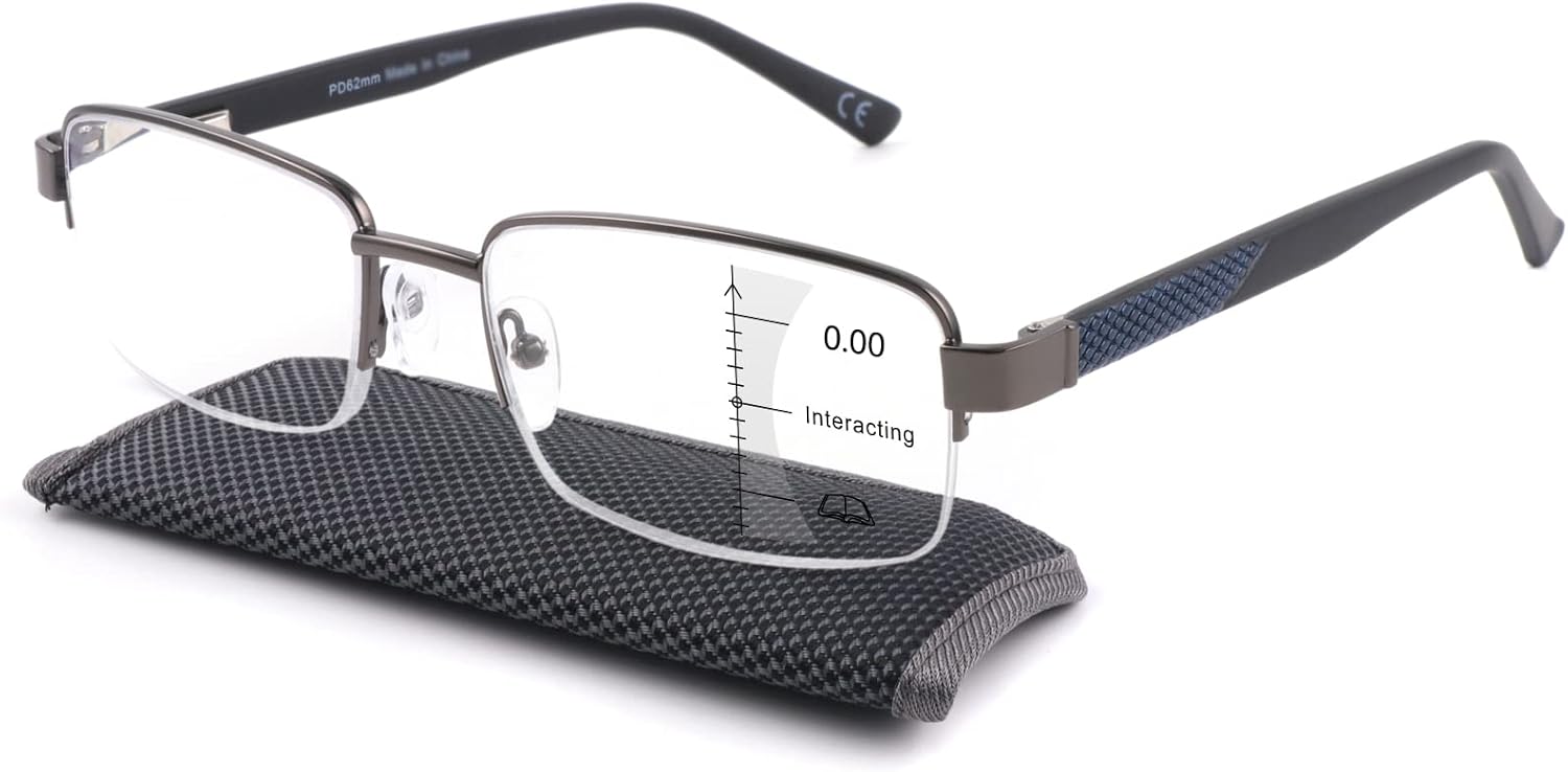 Missfive Mens Premium Multifocus Reading Glasses 0 Power on Top Center, Blue Light Blocking Far/Mid/Near Progressive Metal Frame With No Broken Spring Hinge +2.0x