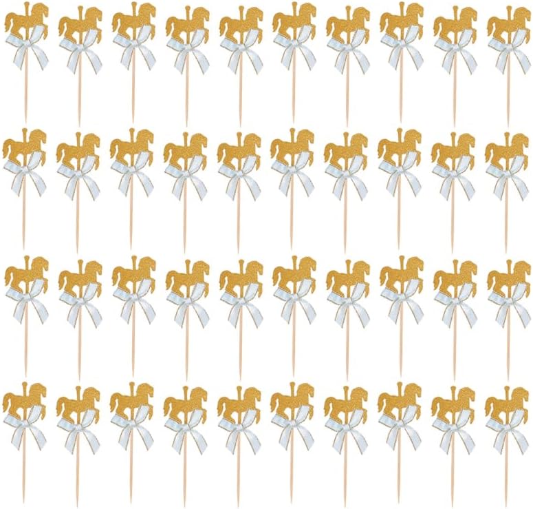 ABOOFAN Carousel Horse Cake Toppers 40Pcs Creative Cupcake Decorations for Birthday Wedding Baby Shower Party Cake Insert Accessories