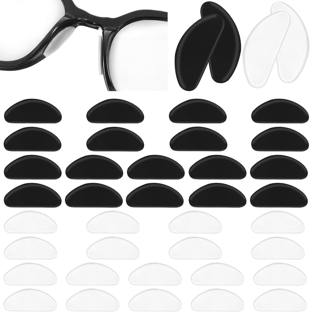 20 Pairs Anti-Slip Nose Pads for Glasses – Silicone D-Shaped Adhesive Stick-On Eyeglass Nose Grips, Ultra-Thin Comfort Fit for Optical & Sunglasses, Black & Clear