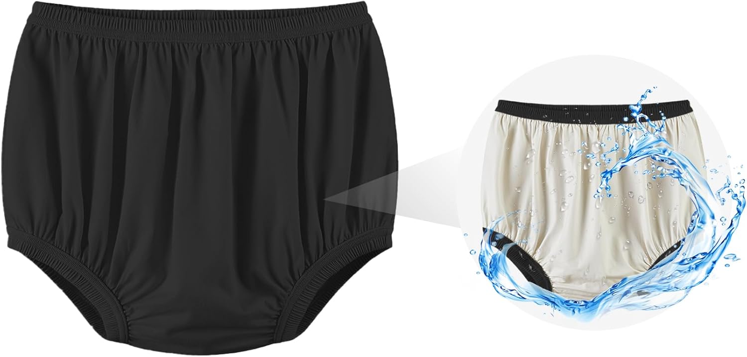 Adult Diaper Cover for Incontinence Noiseless Leak-Protection Underwear Plastic Pants Over Diapers Waterproof Rubber Pants (Black, L(Men Size))