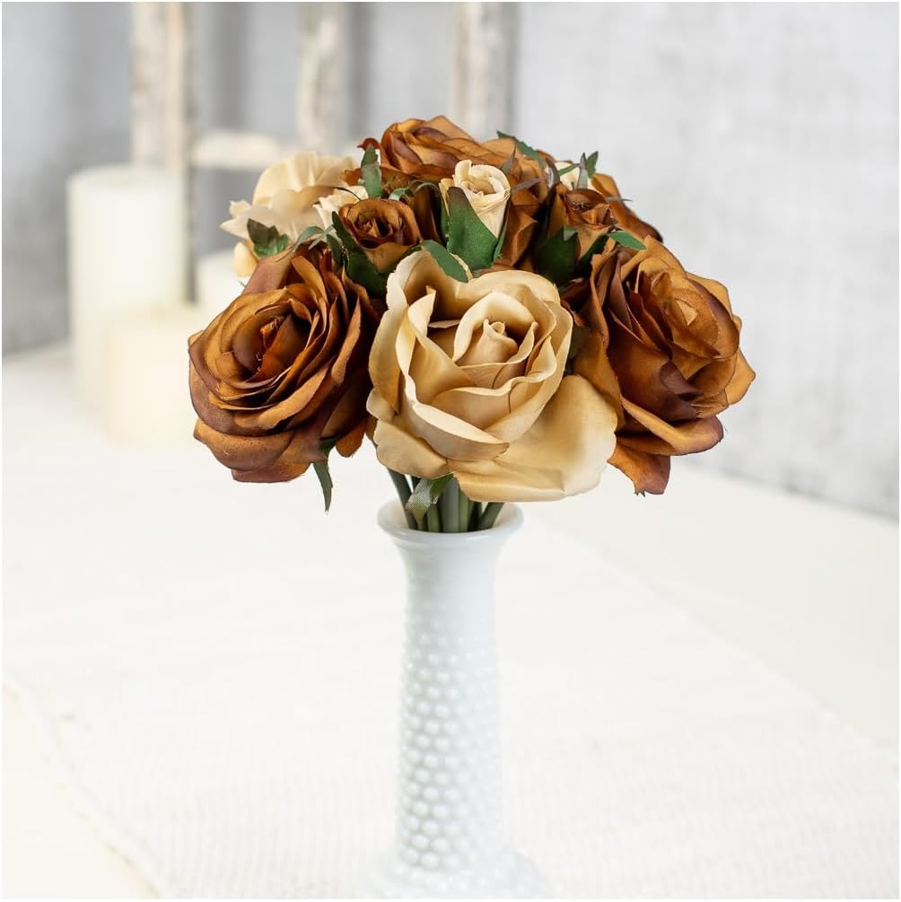 Factory Direct Craft Chocolate and Tan Artificial Silk Flower Nosegay Rose Bunch Bouquet - Faux Roses Stems for Floral Arrangement (12 Inches High)