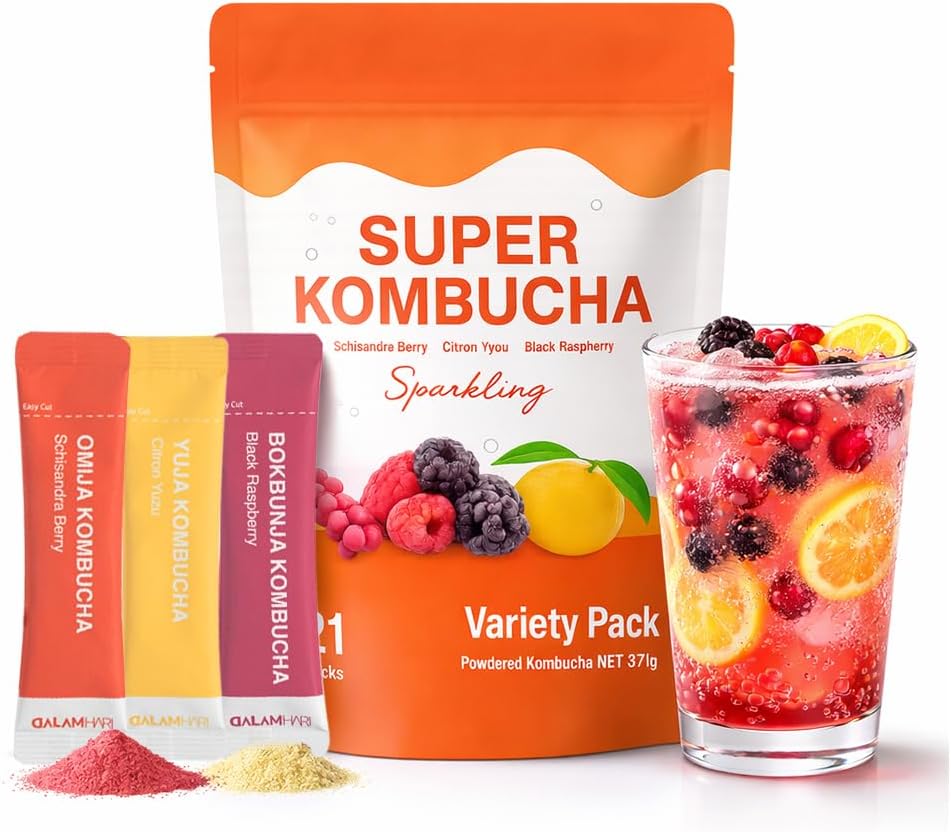 DALAMHARI Kombucha Powder Packets | Variety Pack 21T | Sparkling Probiotic Kombucha Drink for Gut Health Ade Powder Packets Soda | Kombucha Tea Flavoring Synergy with Oriental Remedy Adaptogen Superfruit Fermented Foods