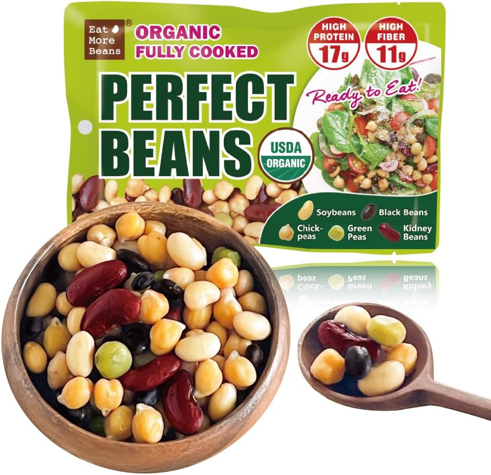 Organic Fully Cooked Perfect Beans -Eat More Beans Steamed bean, Economy Pack, USDA Organic Vegan Vegetarian Healthy Keto Food- Variety of Organic Edamame, Chickpea, Black Beans, Green Peas, Kidney Beans (12 Packs, 5 oz)