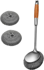 Long Handle Steel Wire Ball, Bold and Thickened 14.5 Inch Stainless Steel Ball Brush and 2 Additional Wire Balls for Pot, Bottle and Closestool (Wood)