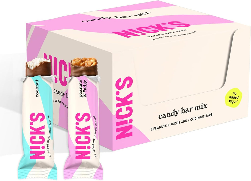 NICKS Keto Chocolate Candy Bars – Variety Pack, Coconut and Peanuts and Fudge, No Added Sugar, Low Carb, 180 Calories, Gluten-Free Sweets – 15-Pack (40g Each)