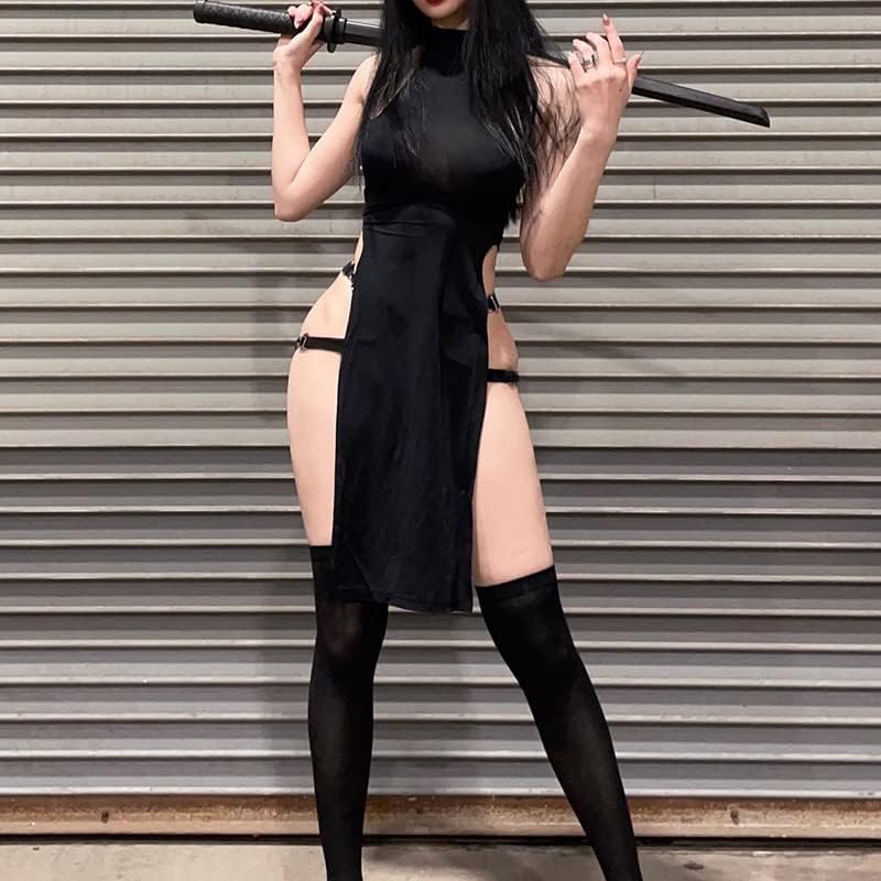 Cosplay Lingerie Sexy Devil Costume Halloween Ninja Roleplay Outfit High Slit Dress Goth Tank Dresses