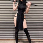 Cosplay Lingerie Sexy Devil Costume Halloween Ninja Roleplay Outfit High Slit Dress Goth Tank Dresses