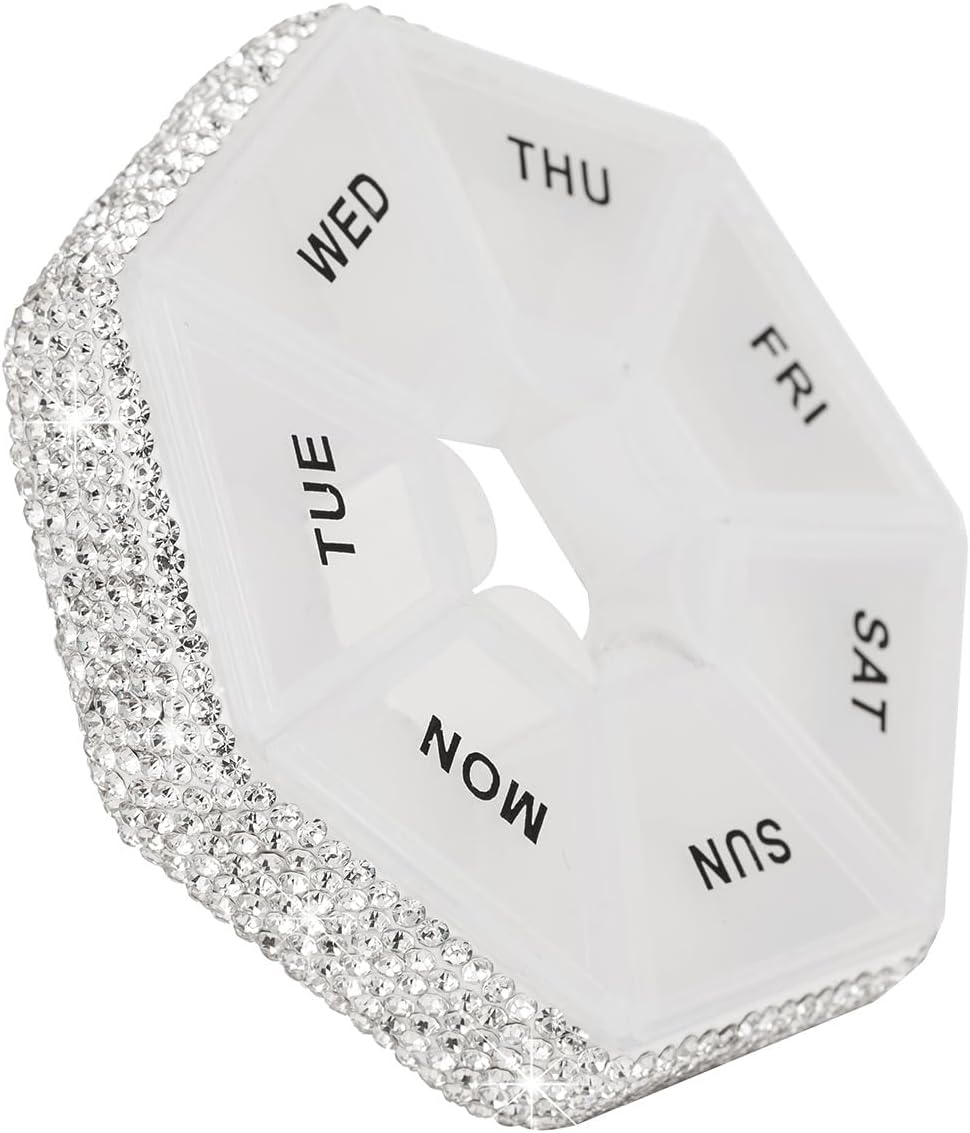 Round Pill Organizer Small Weekly Pill Case for Purse Bling Cute Medicine Pill Box Compact Vitamin Container 7 Day Daily Pill Holder Planner(White)
