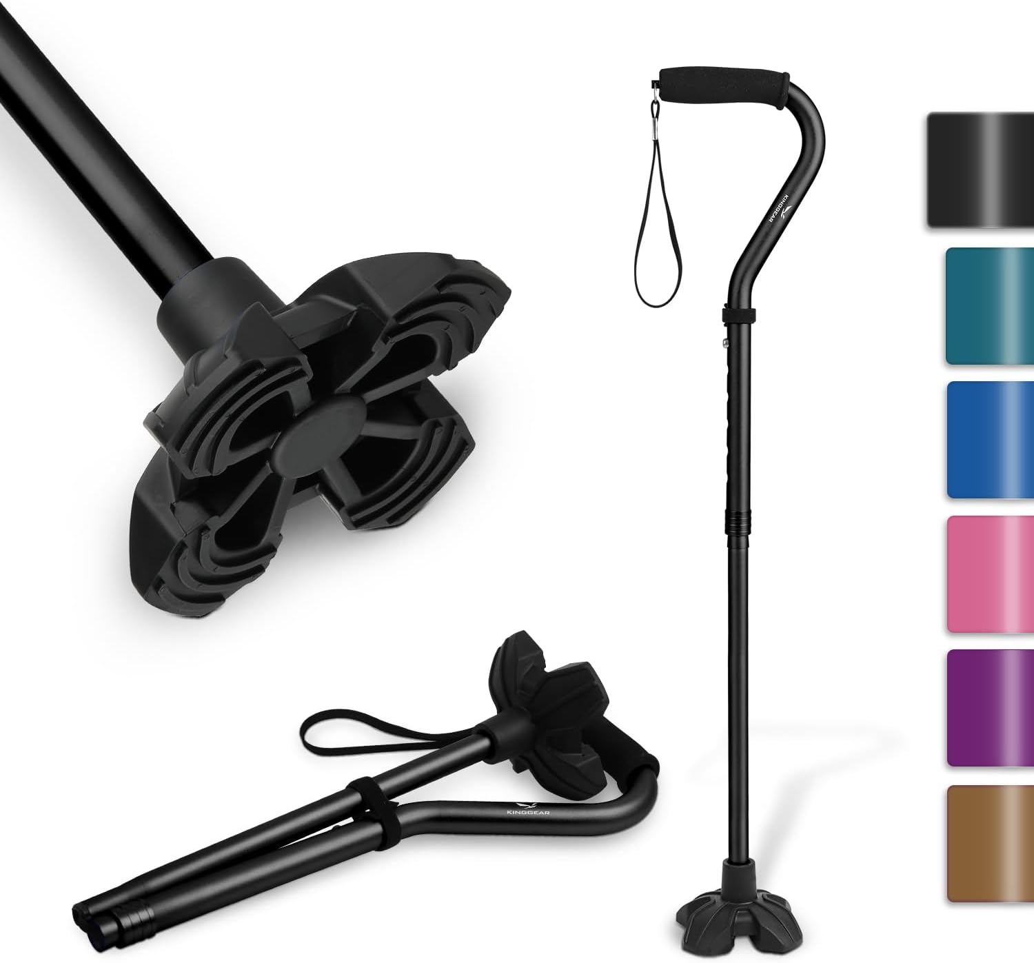 KINGGEAR F1 Walking Stick, Walking Cane for Women & Men, Self Standing Walkers for Seniors with Wrist Strap, Lightweight & Sturdy Offset EVA Handle and Large Quad Base
