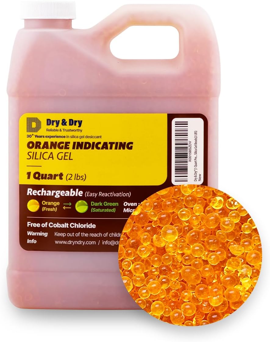 "Dry & Dry" [1 Quart] Premium Orange Indicating Silica Gel Desiccant Beads(Industry Standard 3-5 mm) - Rechargeable Silica Gel Beads(2 LBS)
