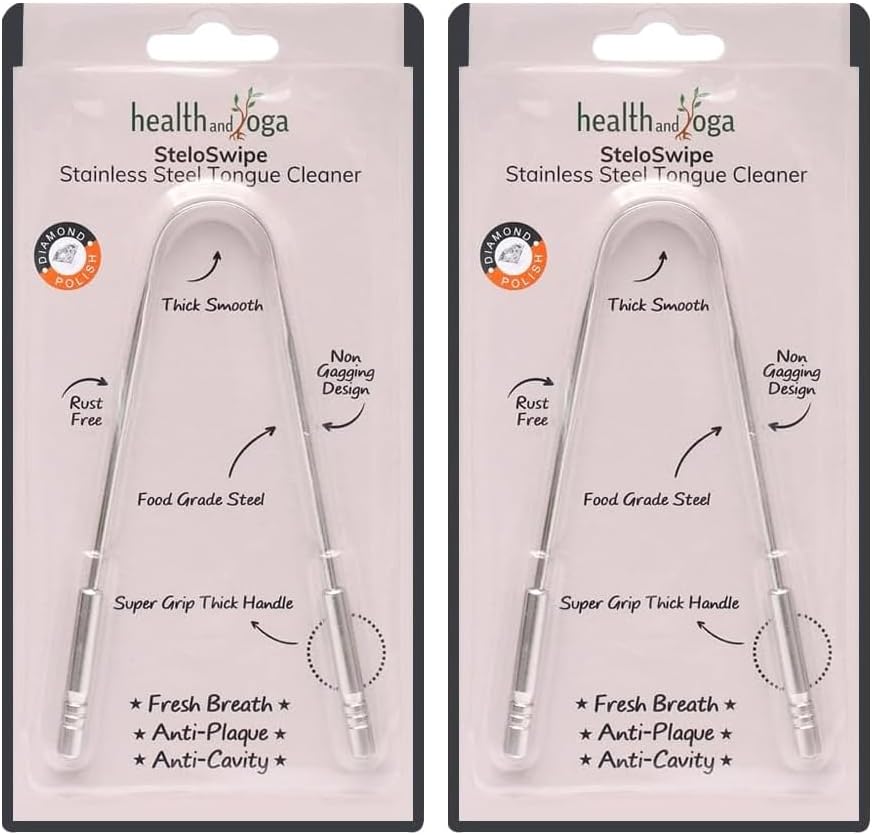 HealthAndYoga™ Tongue Cleaner Scraper with Storage Bag - Hygienic, Surgical Grade, Non-Synthetic Grip – Sterilizable Tongue Brush Cleaner (Surgical Steel - 2 Pack)