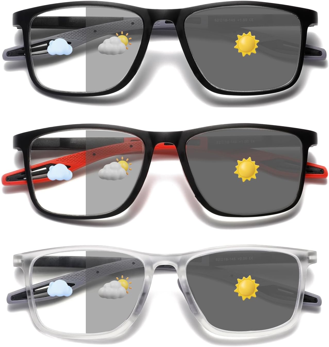 Hubeye Photochromic Reading Glasses for Men and Women TR90 Sport Reader Anti Glare UV Ray Filter （Matte black+Matte Red+Transparent，+2.0