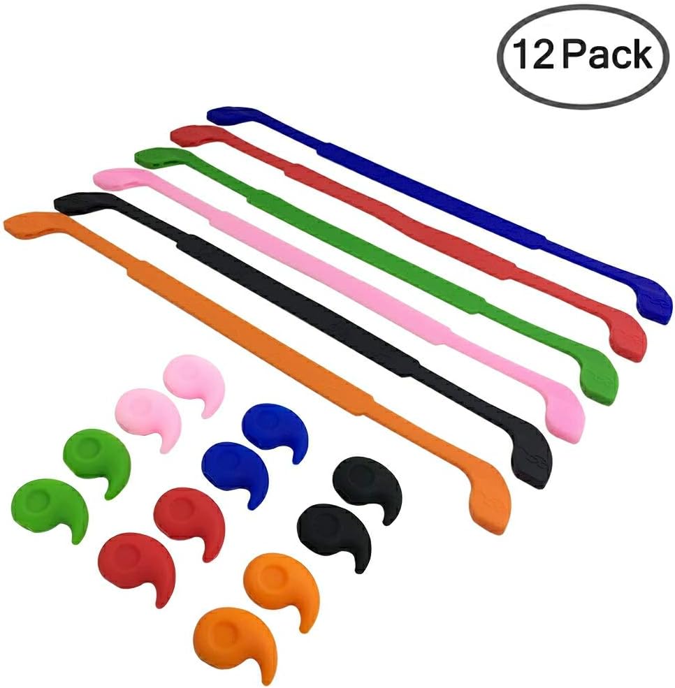 SENHAI 6 Pack Anti-Slip Silicone Glasses Straps with 6 Pairs Ear Grip Hooks, Soft Eyewear Retainer Eyeglasses Holder for Kids Adult Sports - Black, Red, Orange, Pink, Blue, Green