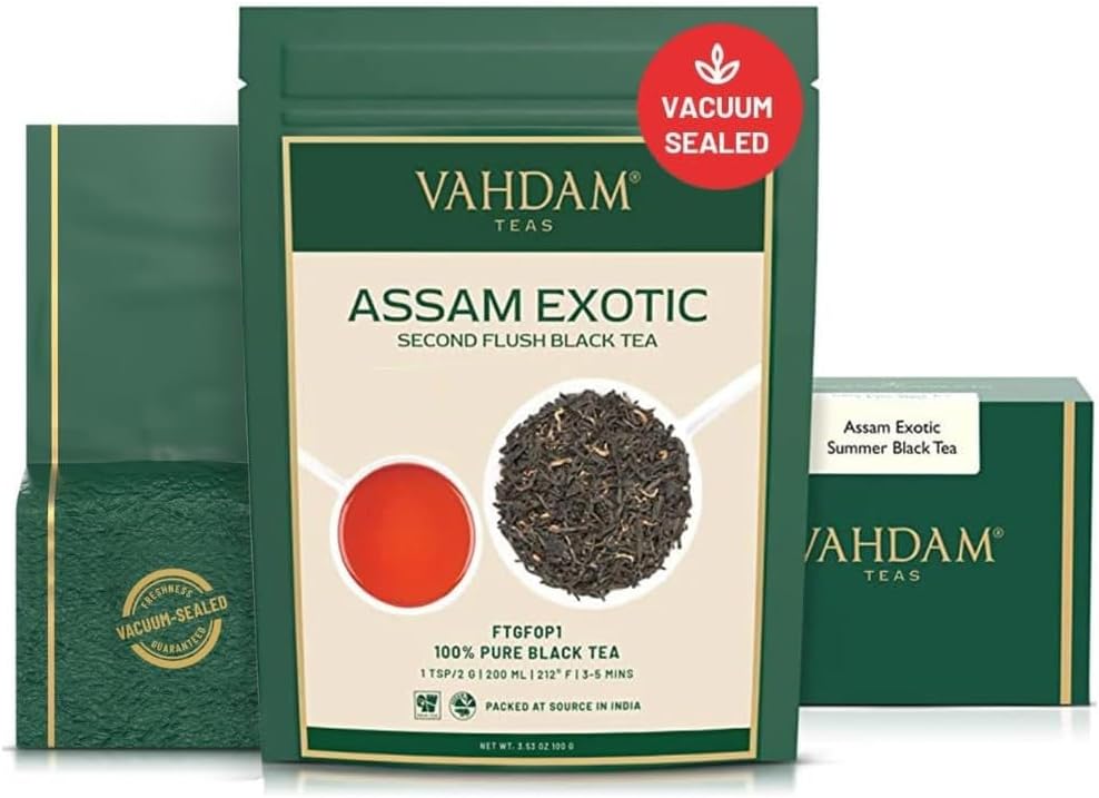 VAHDAM, Fresh Harvest Assam Tea Leaves with Golden Tips, 3.53oz (50 Cups) Strong, Malty & Rich - Exotic Assam Tea Loose Leaf | Pure Assam Black Tea | English Breakfast Tea