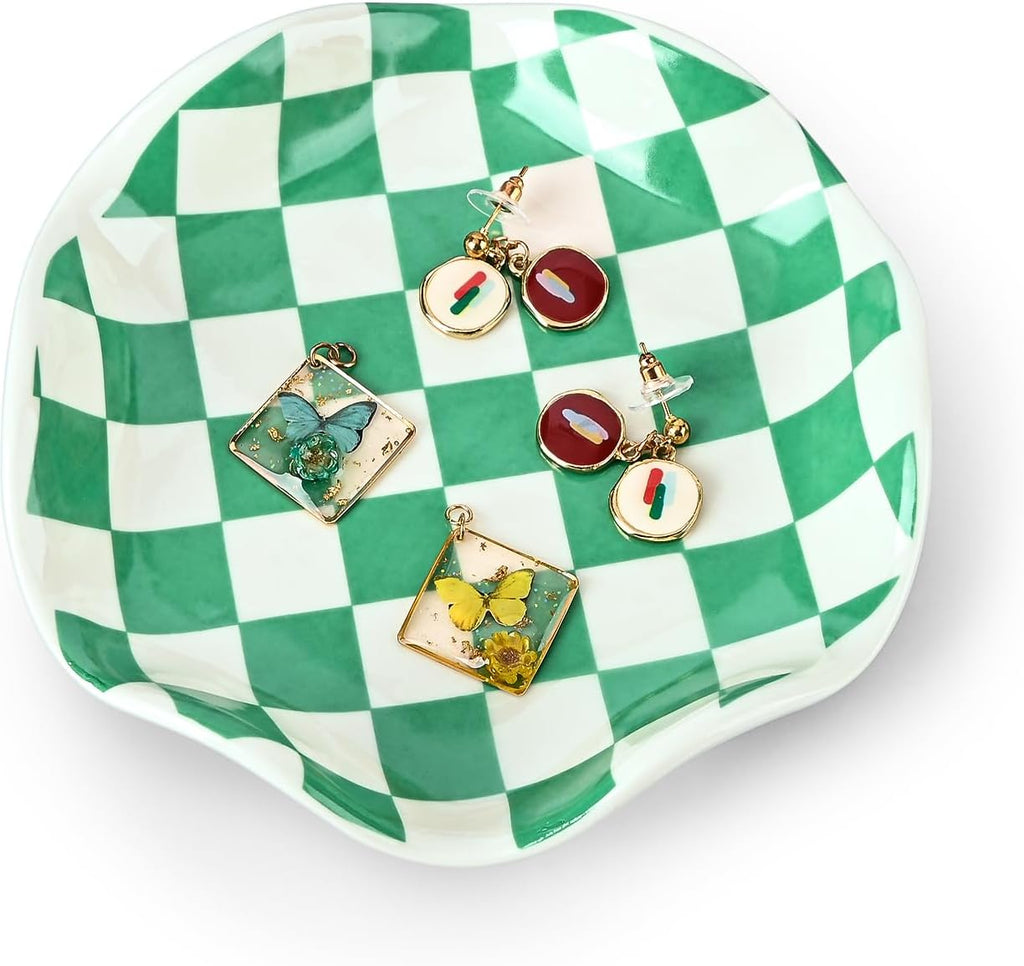 Koythin Ceramic Jewelry Tray, Checkered Pattern Aesthetic Decorative Trinket Dish for Rings, Earrings Necklaces Bracelet Watch Holder, Small Key Bowl, Birthday Mother's Day for Women (Green)