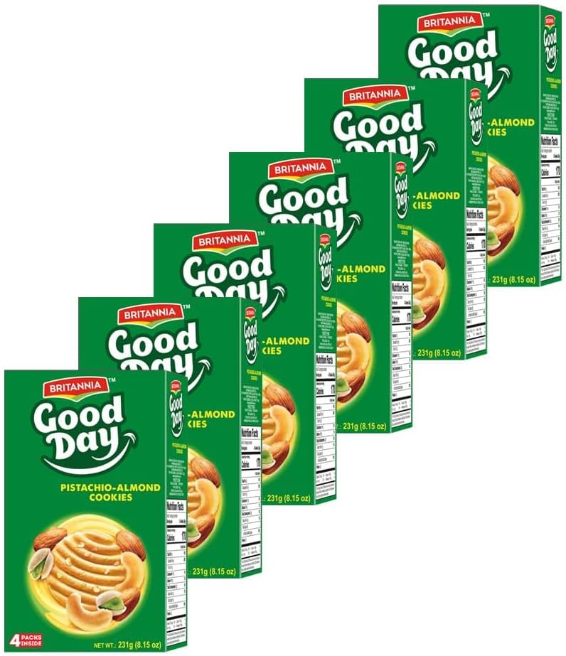 Britannia Good Day Pistachio/Almond Cookies 8.15oz (231g) - Breakfast & Tea Time Snacks - Delicious Grocery Cookies (Pack of 6)