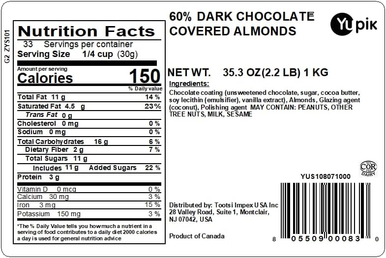 Yupik 60% Dark Chocolate Covered Almonds, 2.2 lb (35.2 oz), Kosher, Whole Nuts, Almonds Dipped in Chocolate, Crunchy & Smooth, Dark Chocolate Candy, Classic Sweet Snacks
