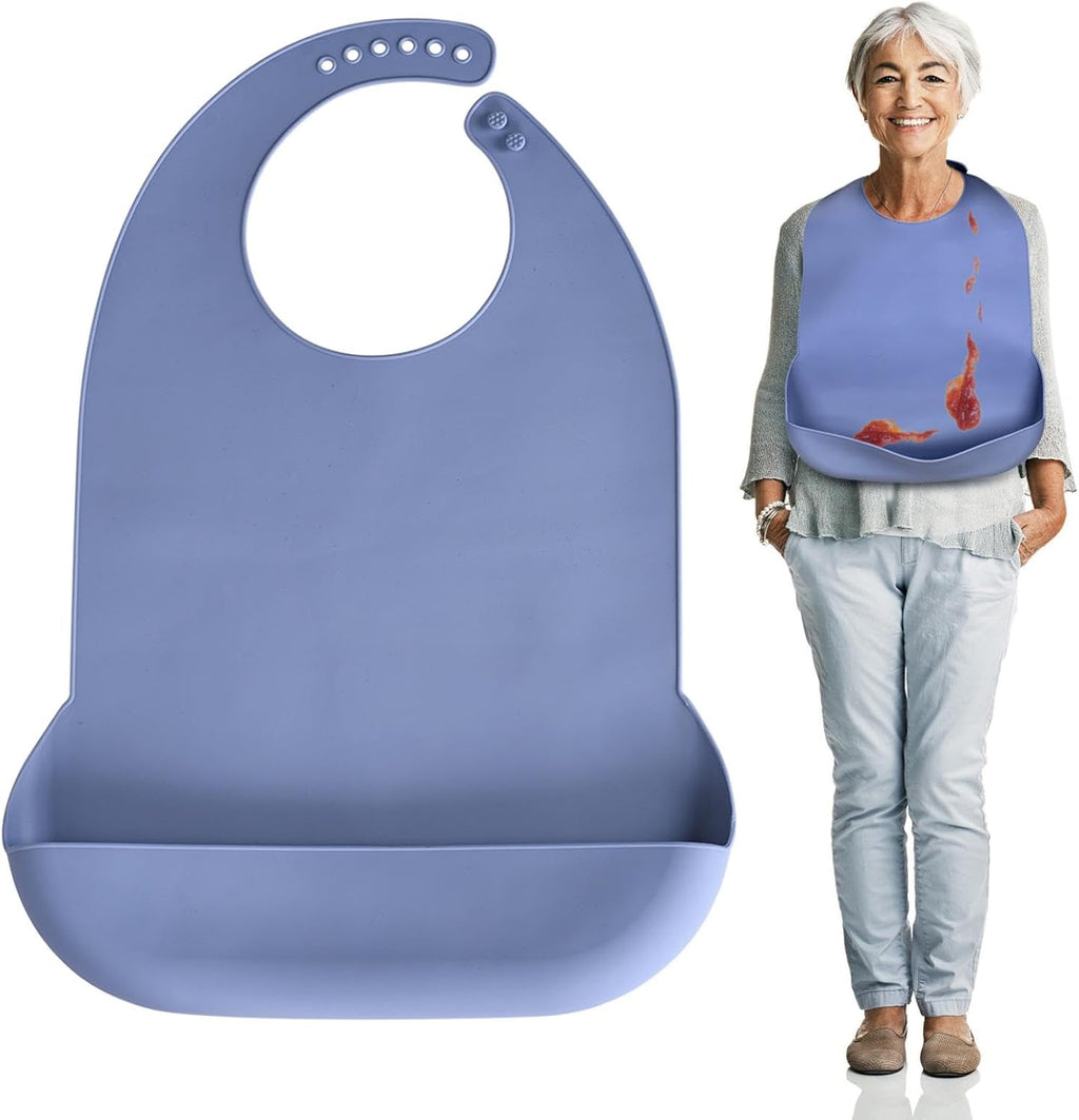 Adult Bibs for Men, Women, Elderly- Silicone Adult Bibs for Eating - Washable Bib with Crumb Catcher (Blue)