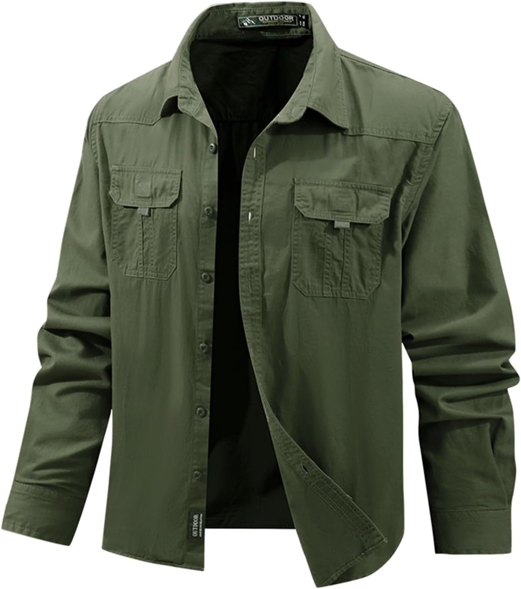 Flygo Long Sleeve Work Shirts for Men Casual Cotton Button Down Western Cowboy Cargo Shirt for Hiking Safari Camping