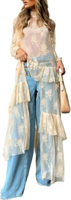 Women Sheer Mesh Long Kimono Cardigan Hobo Flowy Ruffle Lace Duster Robe Sexy Long Sleeve Tie Front Chiffon Cover Up