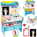 Get Well Doctor Wooden Activity Center- Kids Pretend Play Medical Playset w Waiting Room- 16 Accessories, Dual Sided, Office Checkup Kit w X-Rays, Blood Pressure Cuff- Boys Girls Roleplaying Toy Gift