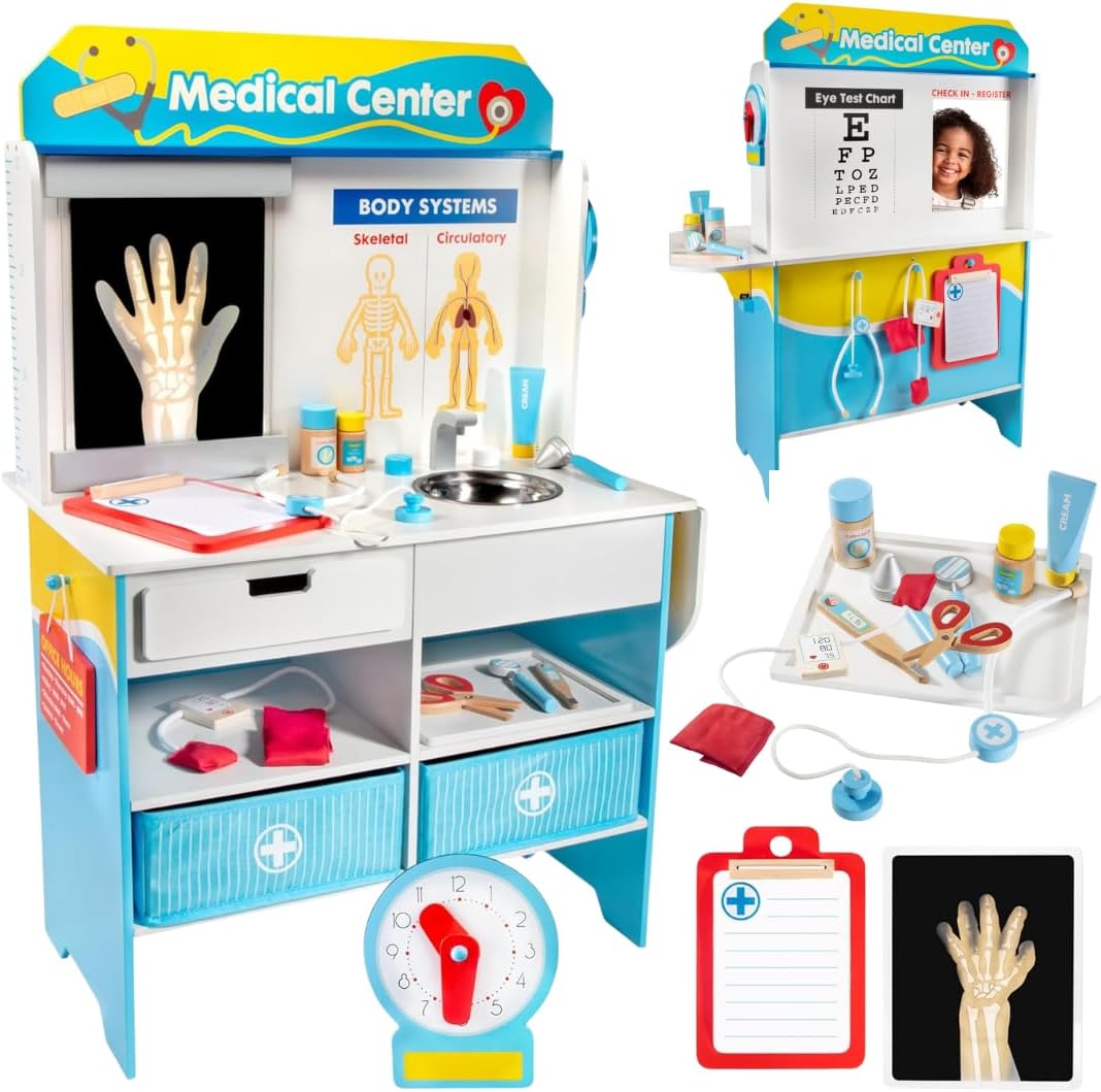 Get Well Doctor Wooden Activity Center- Kids Pretend Play Medical Playset w Waiting Room- 16 Accessories, Dual Sided, Office Checkup Kit w X-Rays, Blood Pressure Cuff- Boys Girls Roleplaying Toy Gift