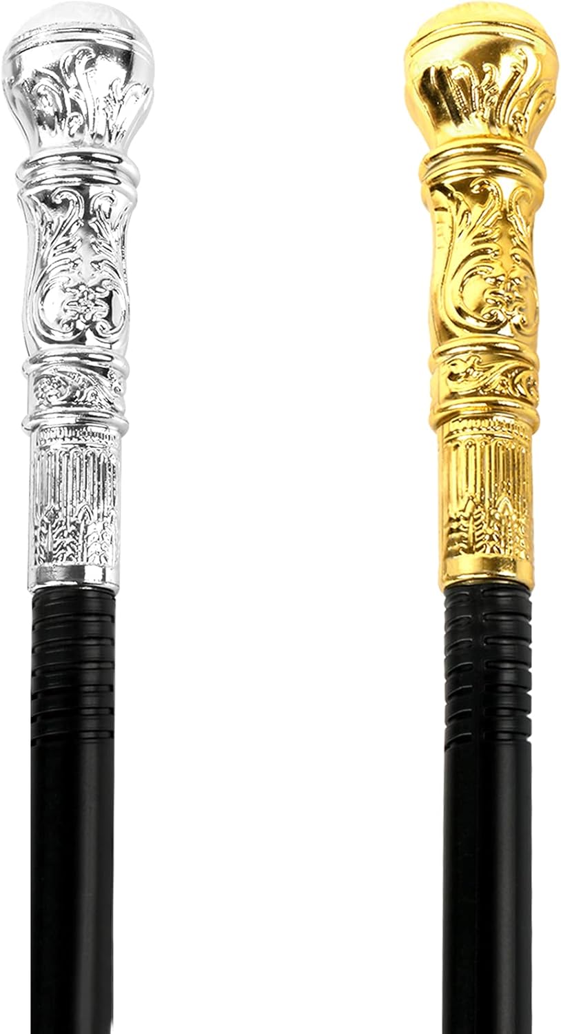 Lucleag 2PCS Gold Walking Cane & Silver Walking Cane, Halloween Theme Party Supplies, Halloween King Cosplay Prop Costume Accessories, Halloween Prop Stick Pimp Canes Accessories for Adults