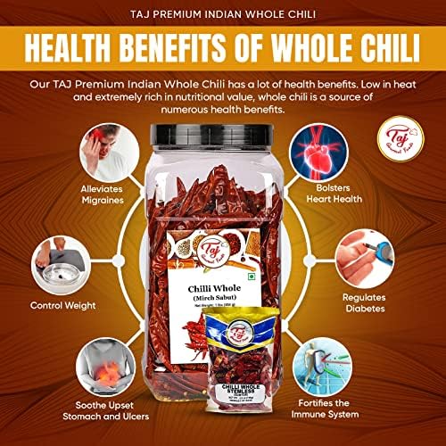 TAJ Premium Indian Whole Chilli (Whole Mirchi, without stem), (3.5 Ounce)