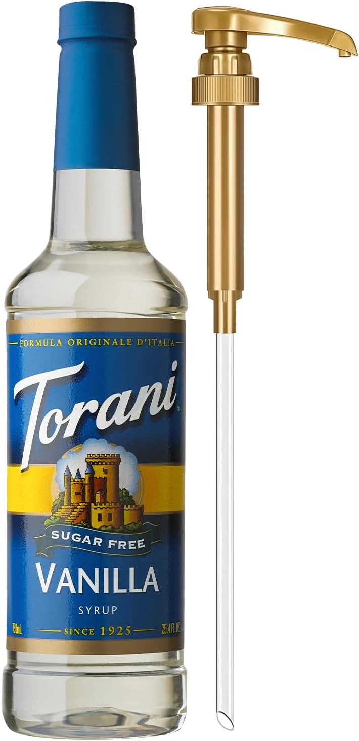 Torani Sugar Free Coffee Syrup, Vanilla Flavored Syrup for Drinks, Zero Calorie, Pump Included, 25.4 Fl Oz