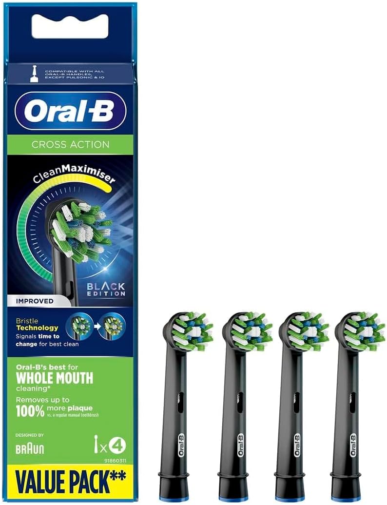 Oral-B Cross Action Replacement Brush Heads for an Oral-B Electric Toothbrush, Pack of 4, Black