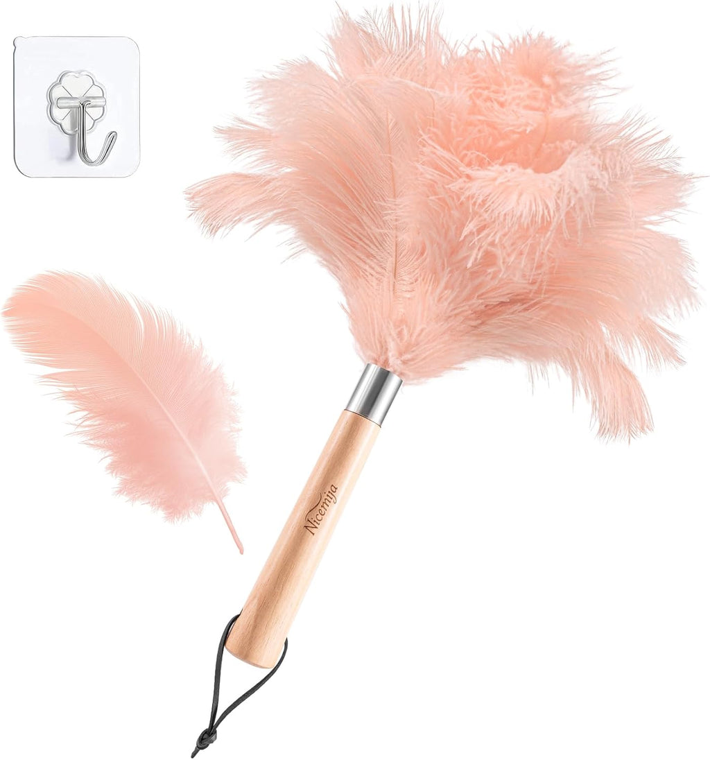 Pink Ostrich Feather Duster with Wooden Handle, 13.5 inch Natural Fluffy Cleaning Tool for Dusting Home, Car, Delicate Surfaces, Reusable Decorative Duster for Ledges, Blinds & Valentines Home Decor