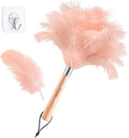 Pink Ostrich Feather Duster with Wooden Handle, 13.5 inch Natural Fluffy Cleaning Tool for Dusting Home, Car, Delicate Surfaces, Reusable Decorative Duster for Ledges, Blinds & Valentines Home Decor