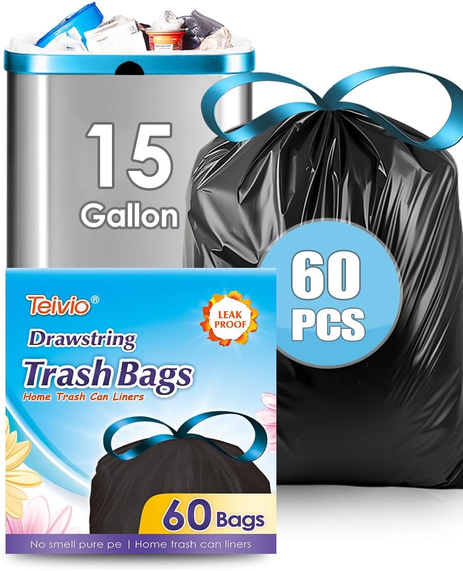 Teivio 15 Gallon 60 Counts Strong Tall Kitchen Drawstring Trash Bags, Medium Plastic Garbage Bags for Home Kitchen Garden Office Tall Trash Can, Black Waste Bin Liners