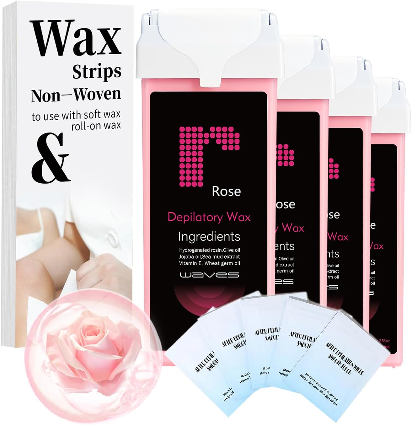 Roll On Wax Refill- Easy Home Waxing for Large Areas, 6 Weeks Smooth Skin (4 Wax Cartridges, 50 Waxing Strips, 5 Removal Wipes) (Rose)