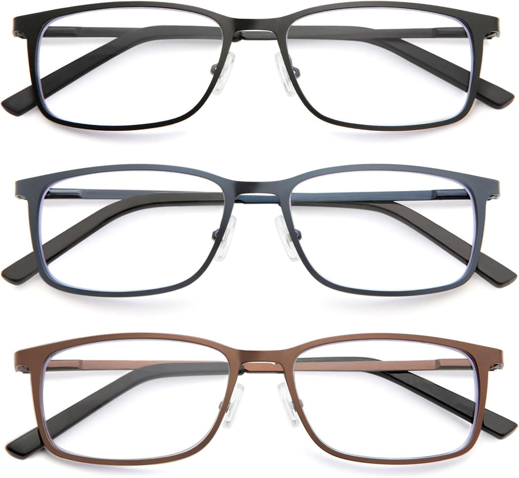 3 Pack Reading Glasses for Men, Blue Light Blocking Readers with Spring Hinge, Rectangular Metal Frame Anti-Glare
