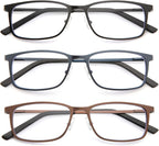 3 Pack Reading Glasses for Men, Blue Light Blocking Readers with Spring Hinge, Rectangular Metal Frame Anti-Glare