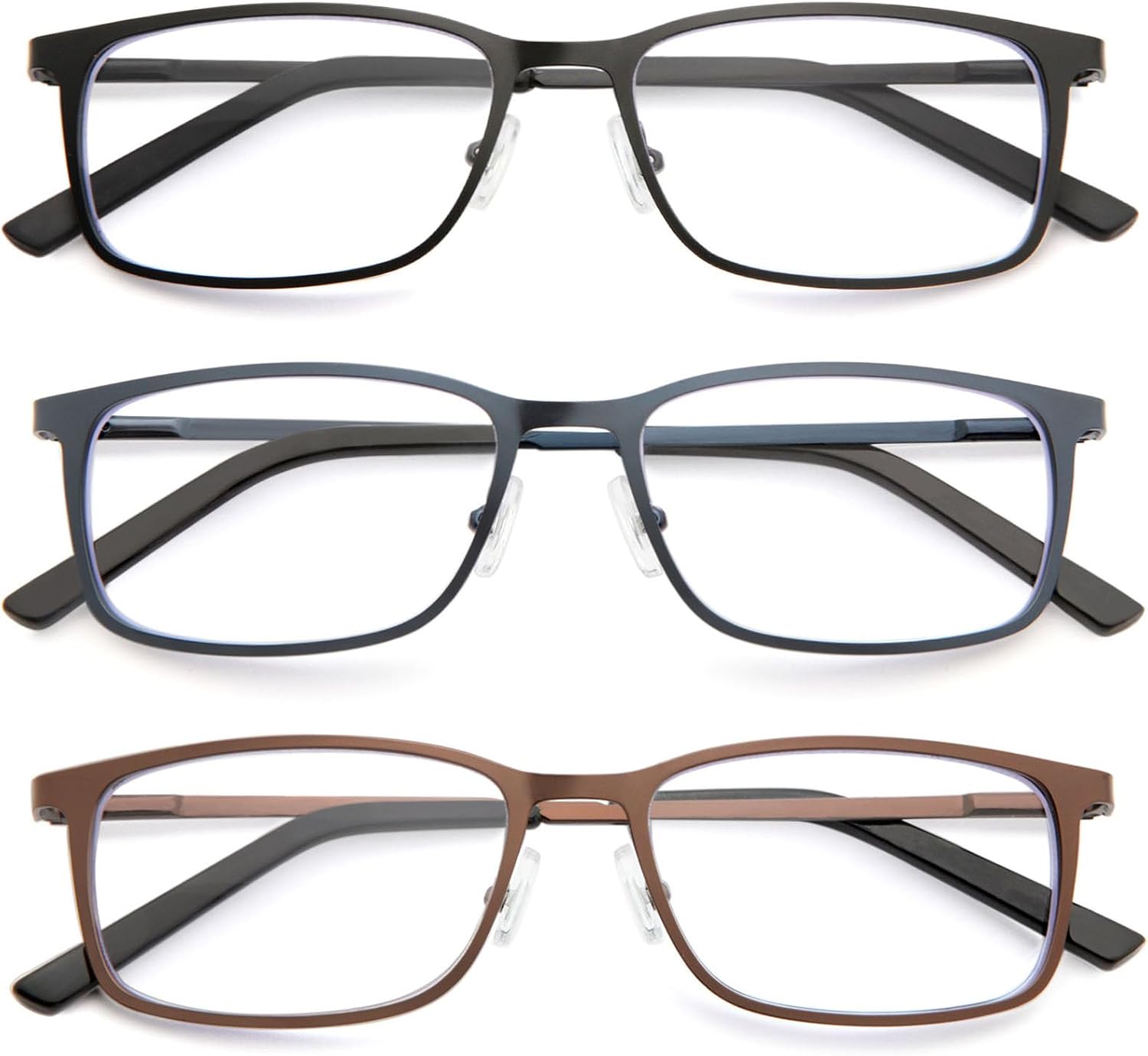 3 Pack Reading Glasses for Men, Blue Light Blocking Readers with Spring Hinge, Rectangular Metal Frame Anti-Glare