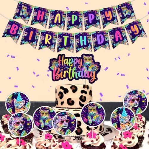 Cheereveal Rainbow Cheetah Birthday Decorations for Boys Girls - Leopard Print Happy Birthday Backdrop, Cheetah Wild Cake Cupcake Toppers, Jungle Safari Animal Theme Party Supplies