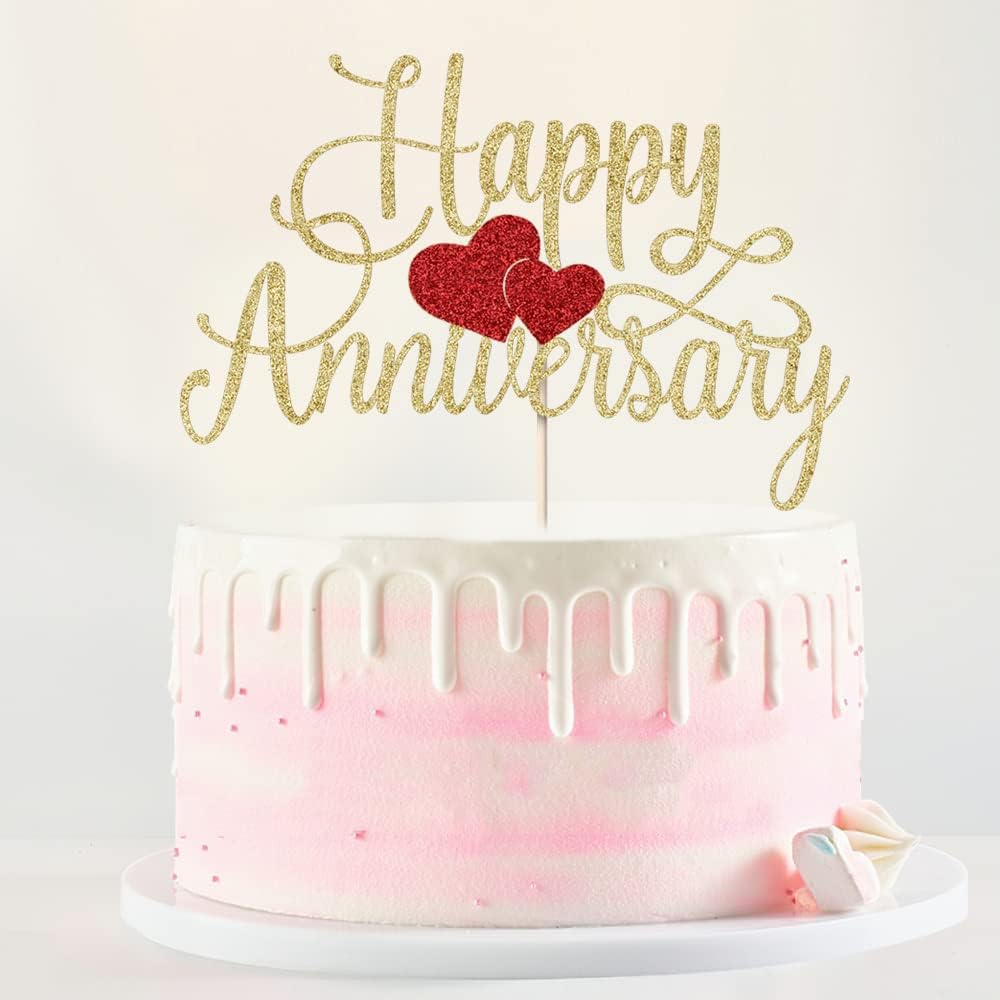 Kaoenla Happy Anniversary Cake Topper - Gold Glitter Happy Birthday Cake Topper, Company Anniversary Party Decoration, Wedding Wedding Anniversary Party Cake Decoration