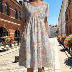 Women Boho Floral Midi Dress Short Sleeve Round Neck Flower Pattern Summer Holiday Sundress Relaxed Fit