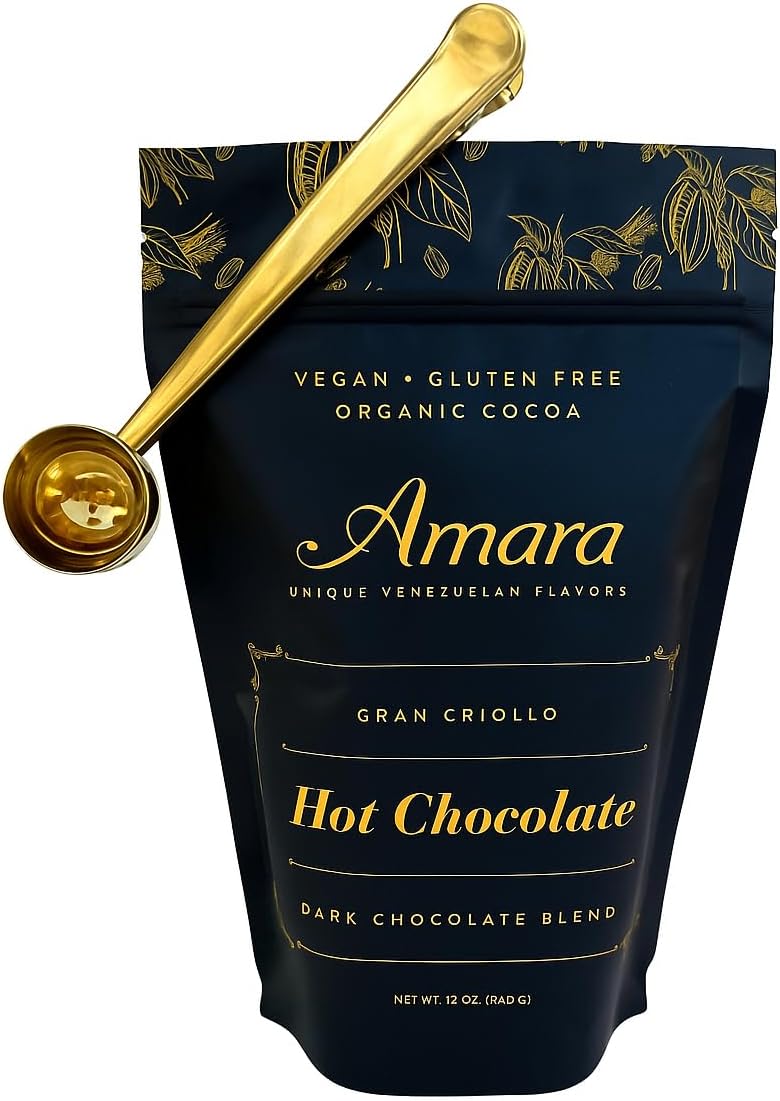 Amara Unique Venezuelan Flavors. Hot Chocolate "Gran Criollo" Dark Chocolate Blend 12 oz Bag with Golden Measuring Scoop & Clip Multi Fuction.