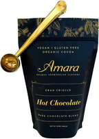 Amara Unique Venezuelan Flavors. Hot Chocolate "Gran Criollo" Dark Chocolate Blend 12 oz Bag with Golden Measuring Scoop & Clip Multi Fuction.